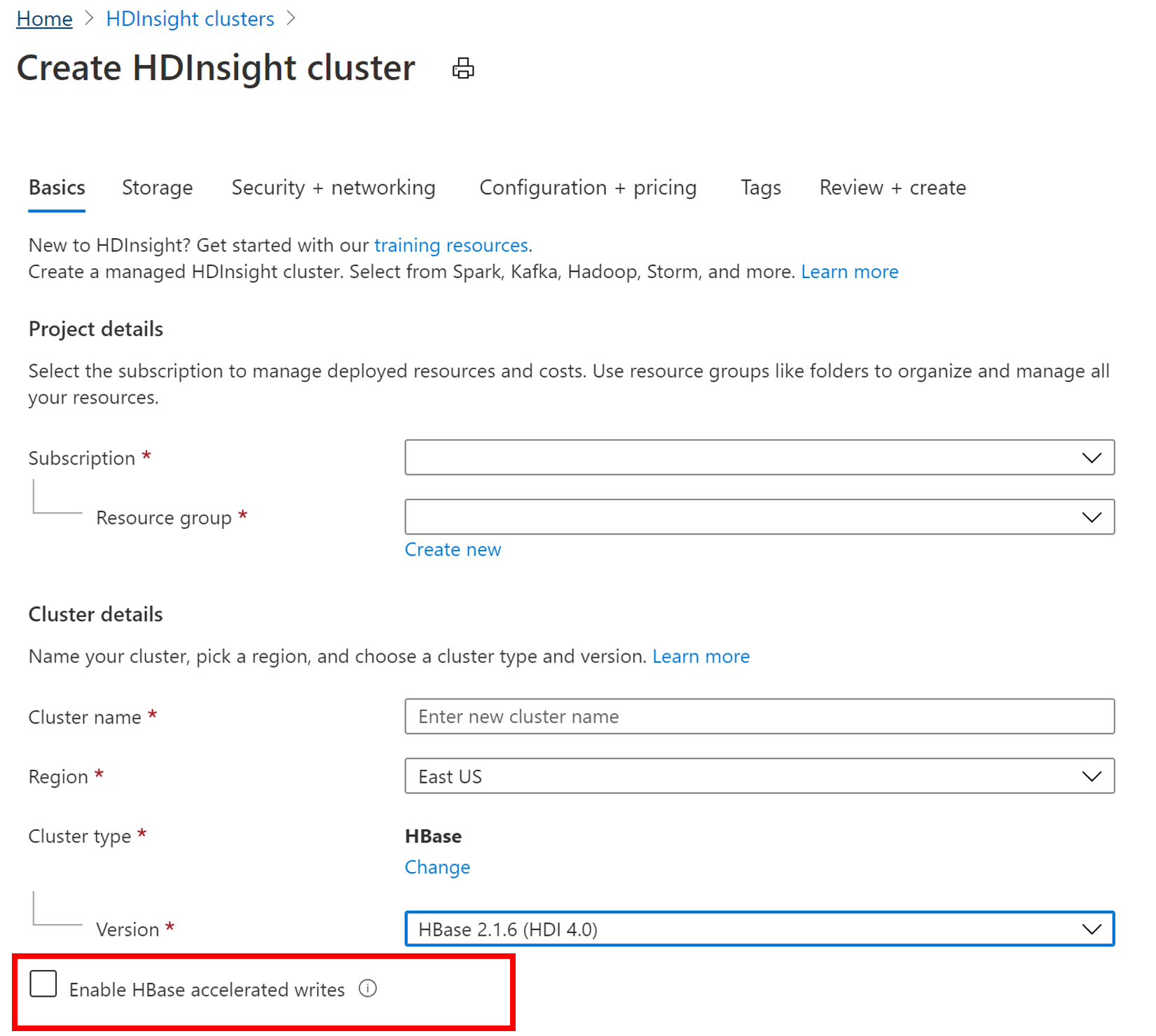 Enable accelerated writes option for HDInsight Apache HBase.
