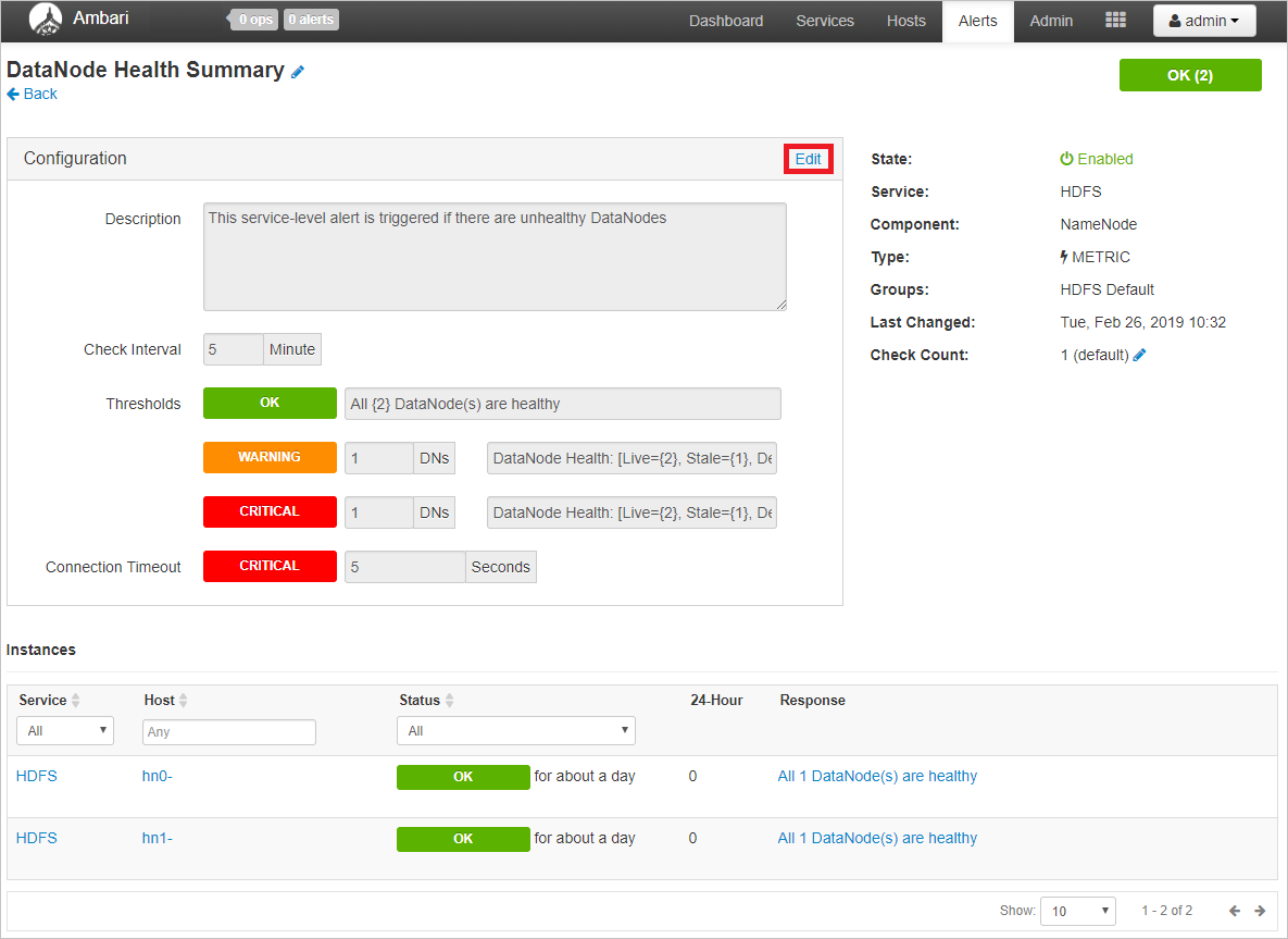 Apache Ambari alert configuration.