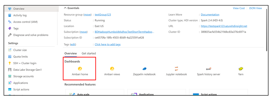 Screenshot that shows the location of the Ambari home dashboard.