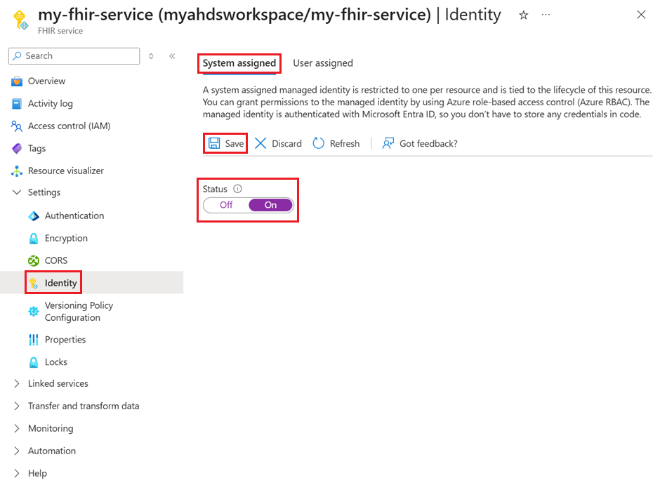 Screenshot that shows selections for enabling a managed identity for the FHIR service.