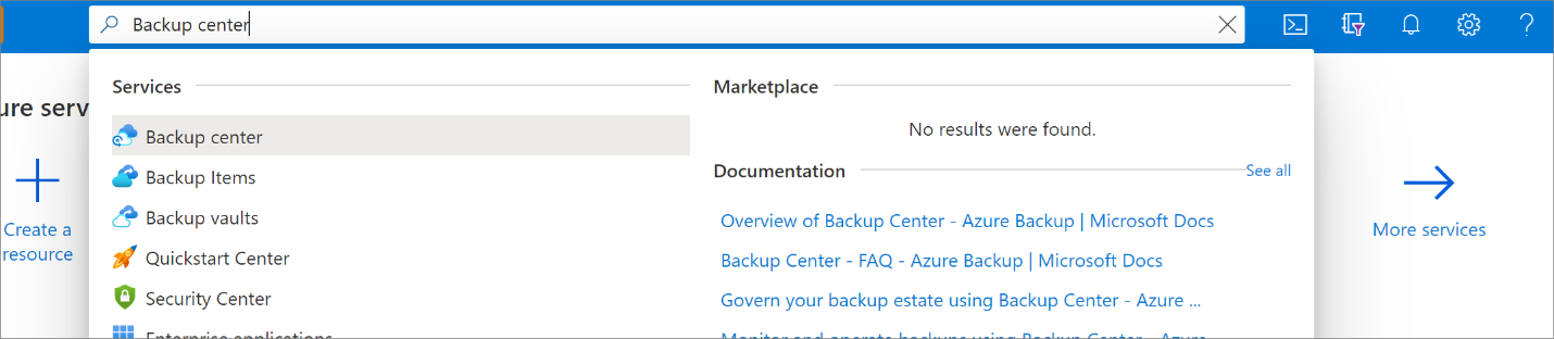 Screenshot that shows where to search for and select 'Backup center'.