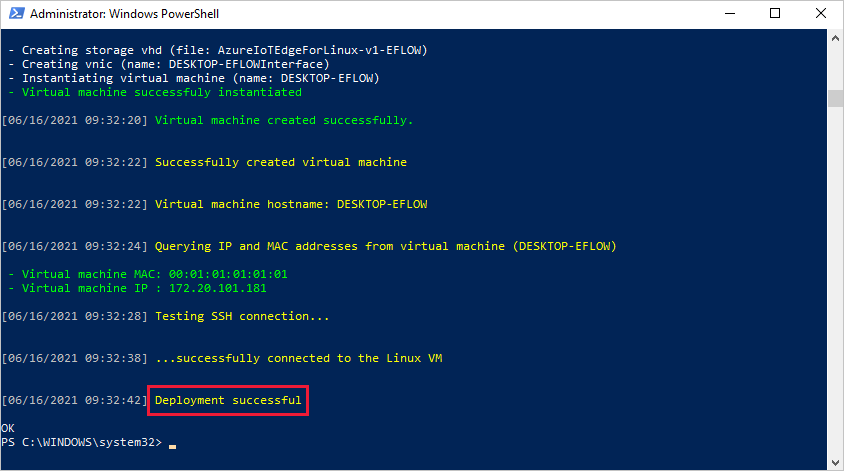 Screenshot showing "Deployment successful" at the end of the messages.