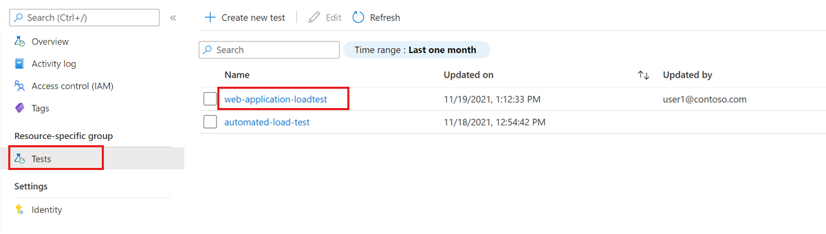 Screenshot that shows the list of load tests for an Azure Load Test resource.