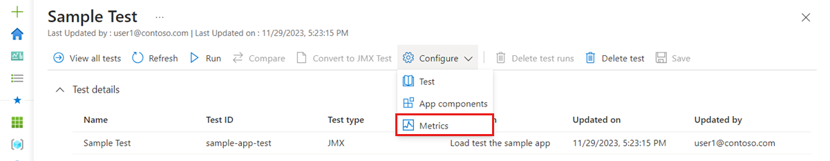 Screenshot that shows the 'Metrics' button to configure metrics for a load test.