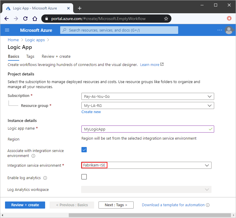 Screenshot shows Azure portal with integration service environment selected.