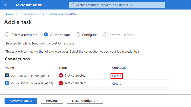 Screenshot that shows the selected "Create" option for the Azure Resource Manager connection.