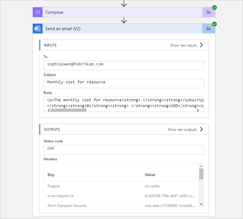 Screenshot that shows an expanded action, inputs, and outputs.