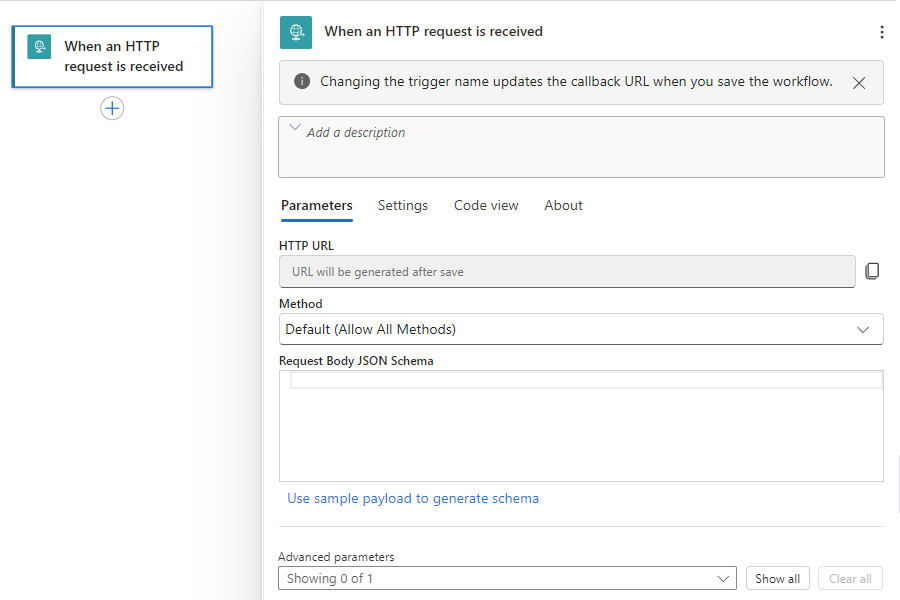 Screenshot shows workflow designer, Request trigger, and opened trigger information pane.