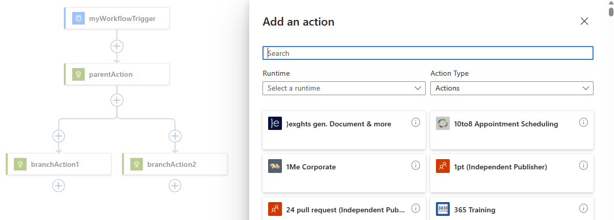 Screenshot shows Standard workflow, search box named Choose an operation, and available actions for joining parallel branches.