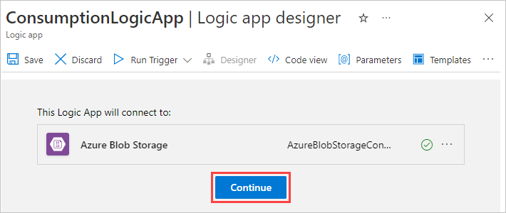 Screenshot showing the designer with a connection to Azure Blob Storage. The 'Continue' button is selected.