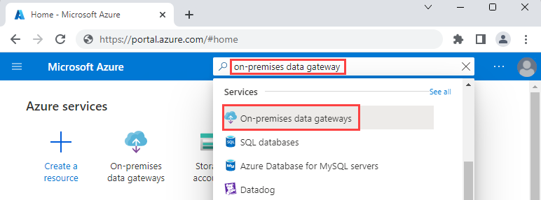 Screenshot shows Azure portal search box with the words, on-premises data gateway. The results list shows the selected option, On-premises data gateways.