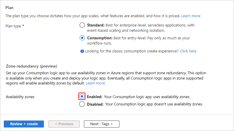 Screenshot showing Azure portal, "Create Logic App" page, Consumption logic app details, and the "Enabled" option under "Zone redundancy" selected.
