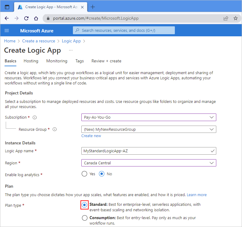Screenshot showing Azure portal, "Create Logic App" page, logic app details, and the "Standard" plan type selected.