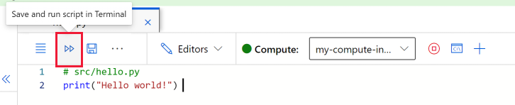 Screenshot shows save and run script in terminal tool in the toolbar