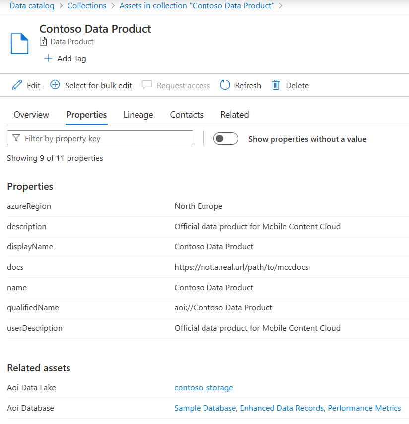 A screenshot of the Properties tab for the Data Product asset in Purview collection.