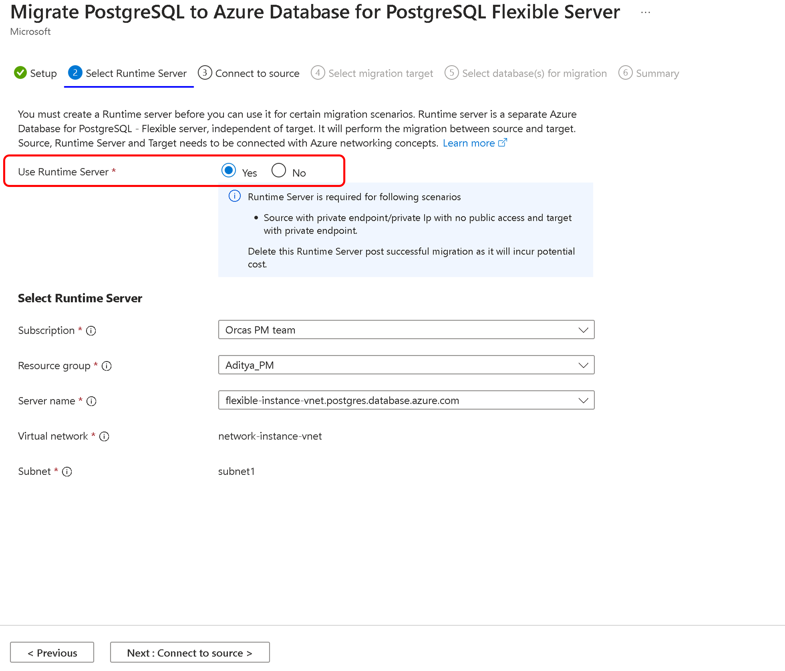 Screenshot of selecting migration runtime server.