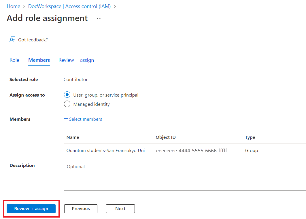 Screen shot showing how to assign your group as a contributor to your Azure Quantum workspace.