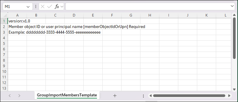 Screen shot showing the group import members template CSV.