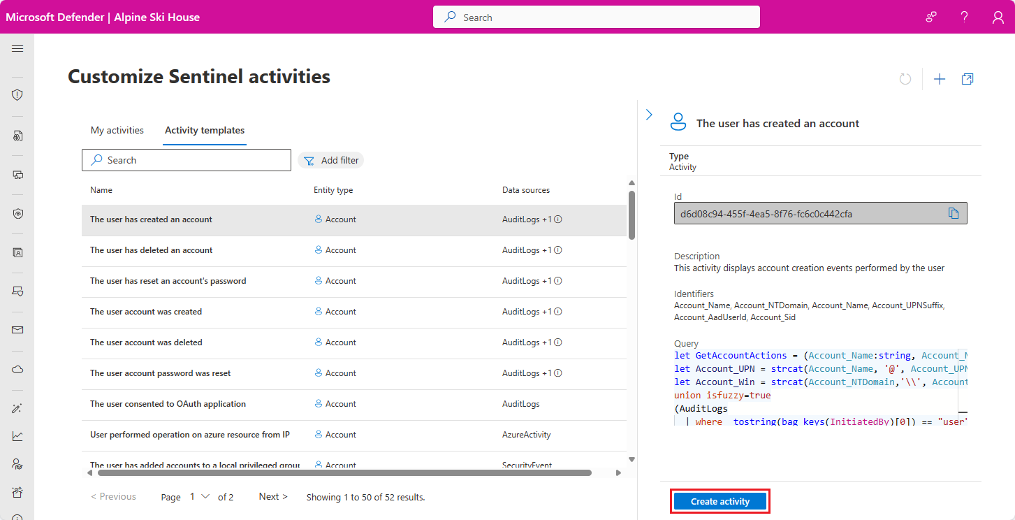 Screenshot of activity template list in Defender portal.