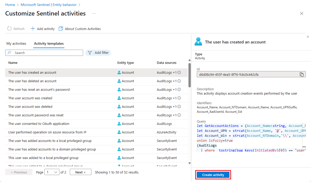 Screenshot of activity template list in Azure portal.