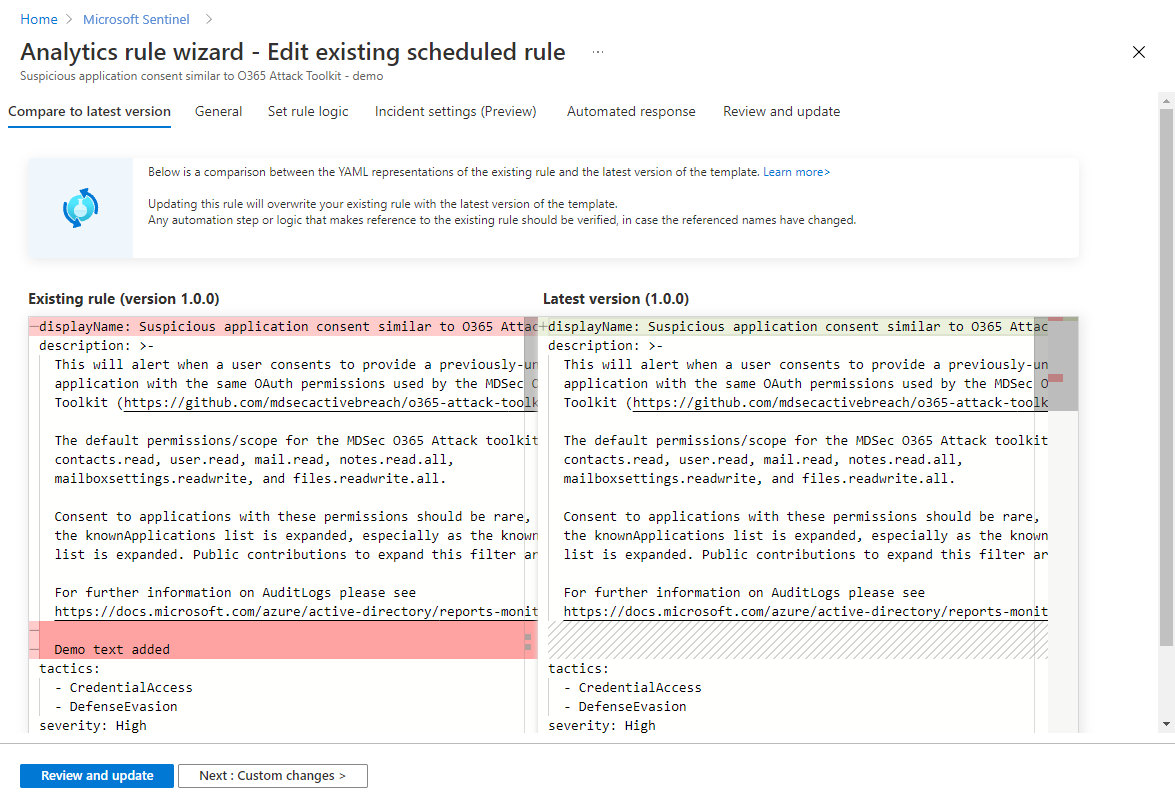 Screenshot of 'Compare to latest version' tab in Analytics rule wizard.