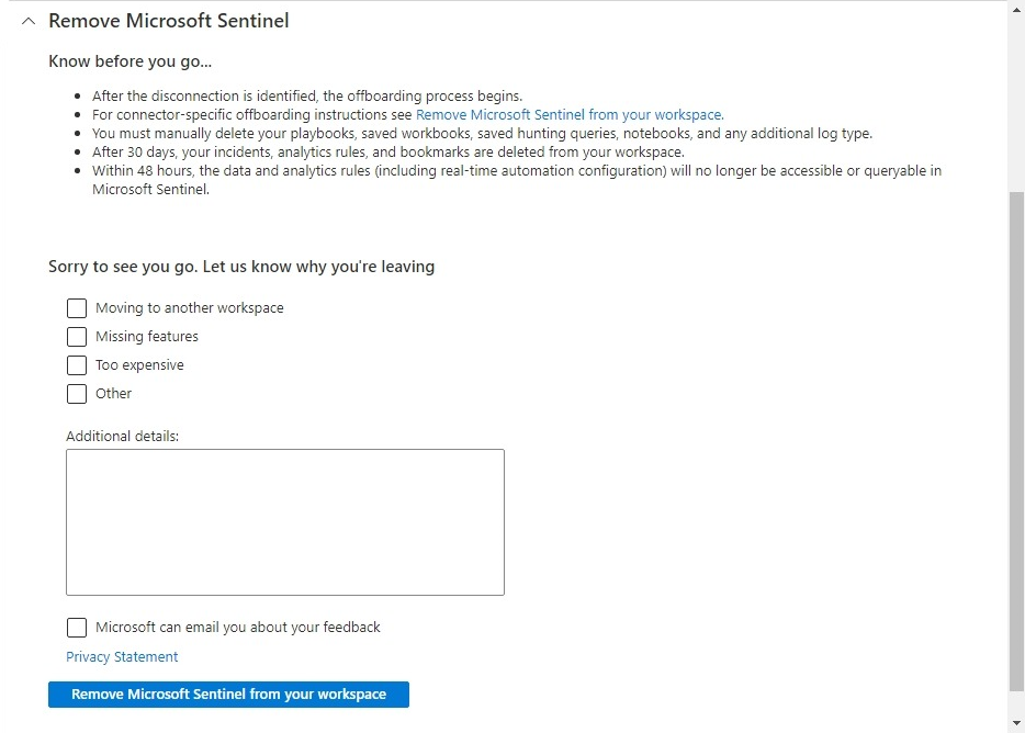 Skjermbilde som viser inndelingen for å fjerne Microsoft Sentinel løsning fra arbeidsområdet.