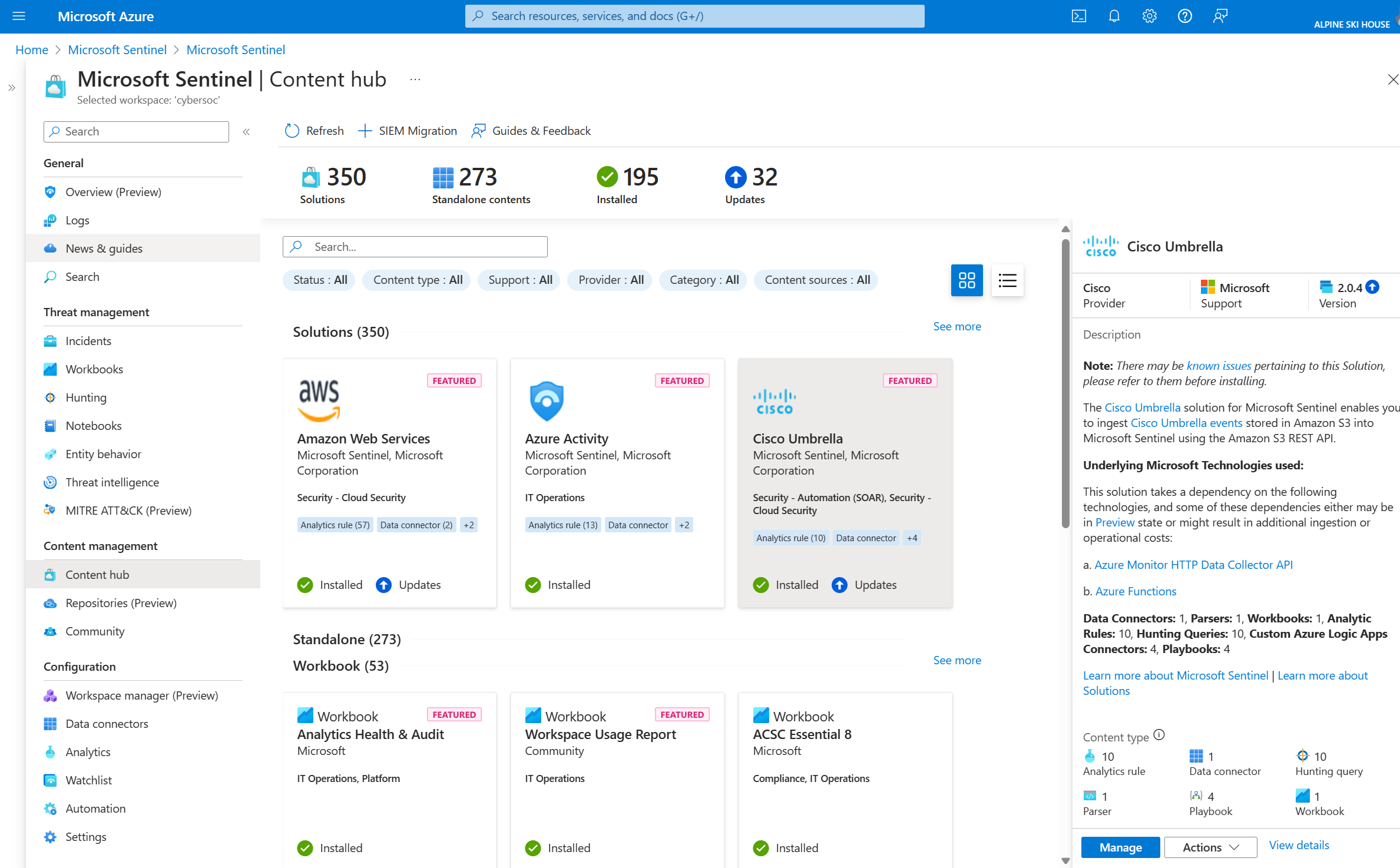 Screenshot of the Microsoft Sentinel content hub in the Azure portal that shows the security content available with a solution.