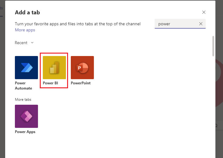 Skjermbilde som viser hvordan du velger Power BI i vinduet Legg til en fane i Teams.