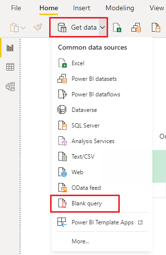 Skjermbilde som viser Tom spørring valgt under Hent data i Power BI Desktop.