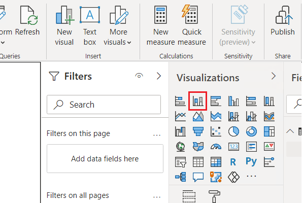 Skjermbilde som viser ikonet for stablet stolpediagram under Visualiseringer i Power BI Desktop.