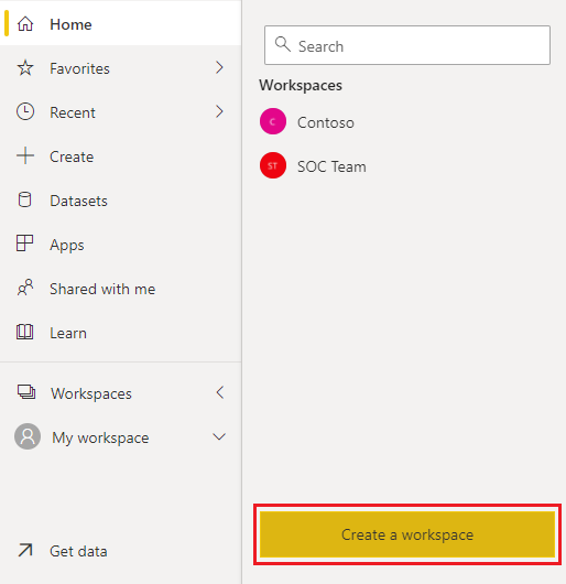 Skjermbilde som viser Opprett et arbeidsområde i Power Bi-tjeneste.