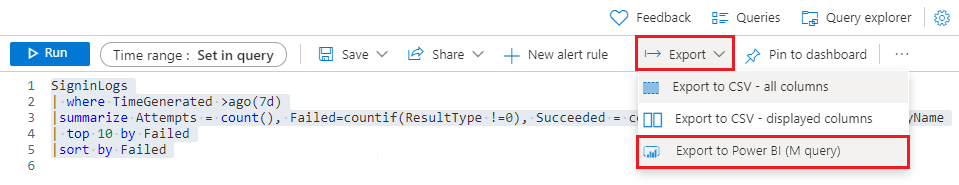 Skjermbilde som viser spørringseksport til Power BI M-format.
