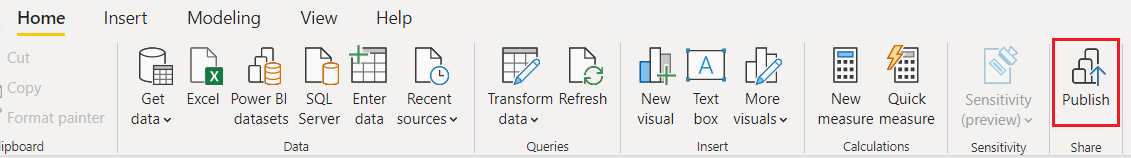 Skjermbilde som viser Publiser på båndet Power BI Desktop.
