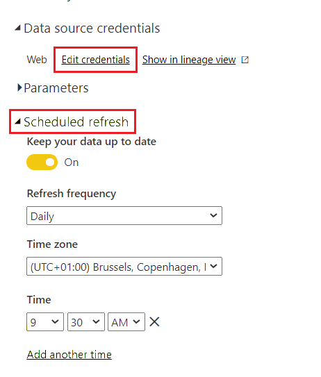 Skjermbilde som viser innstillinger for planlagt oppdatering for rapportdatasettet for Power BI.