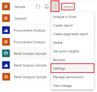 Skjermbilde som viser Innstillinger under Flere alternativer i rapportdatasettet for Power BI.