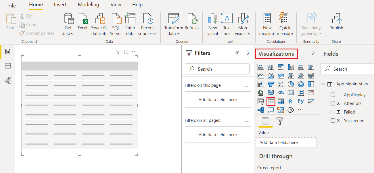 Skjermbilde som viser tabellikonet under Visualiseringer i Power BI Desktop.