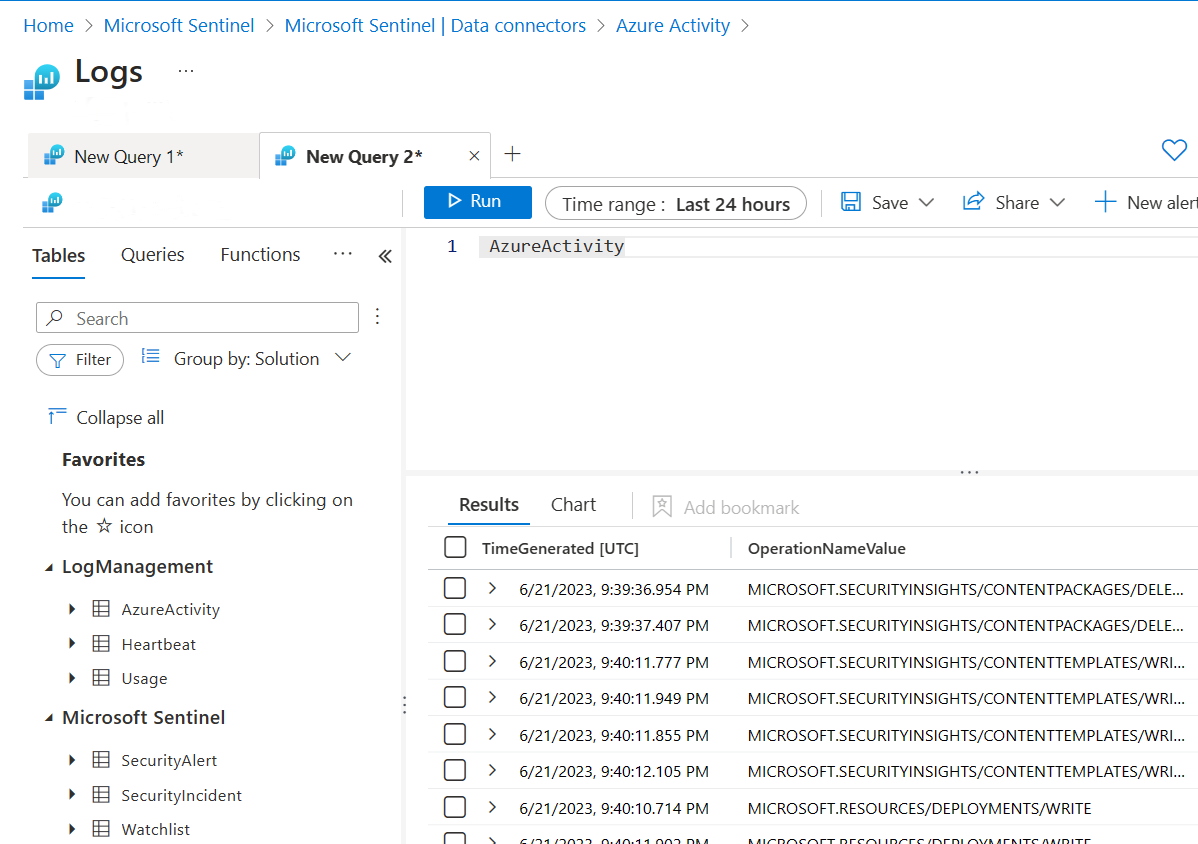 Screenshot of the log query window with results returned for the Azure Activity query.