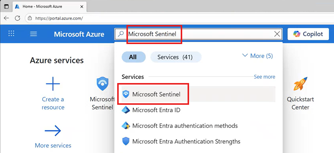 Skjermbilde av søk etter og valg av Microsoft Sentinel fra Azure Portal.