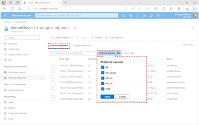 Screenshot of the Storage Endpoints page within the Azure portal showing the location of the endpoint filters.