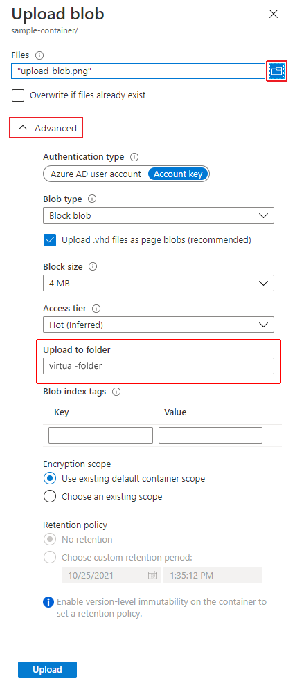 Screenshot showing how to upload a blob from your local drive via the Azure portal