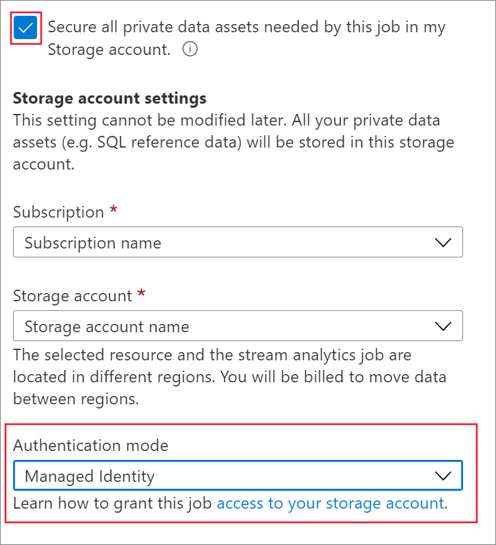 Private data storage account settings with managed identity authentication