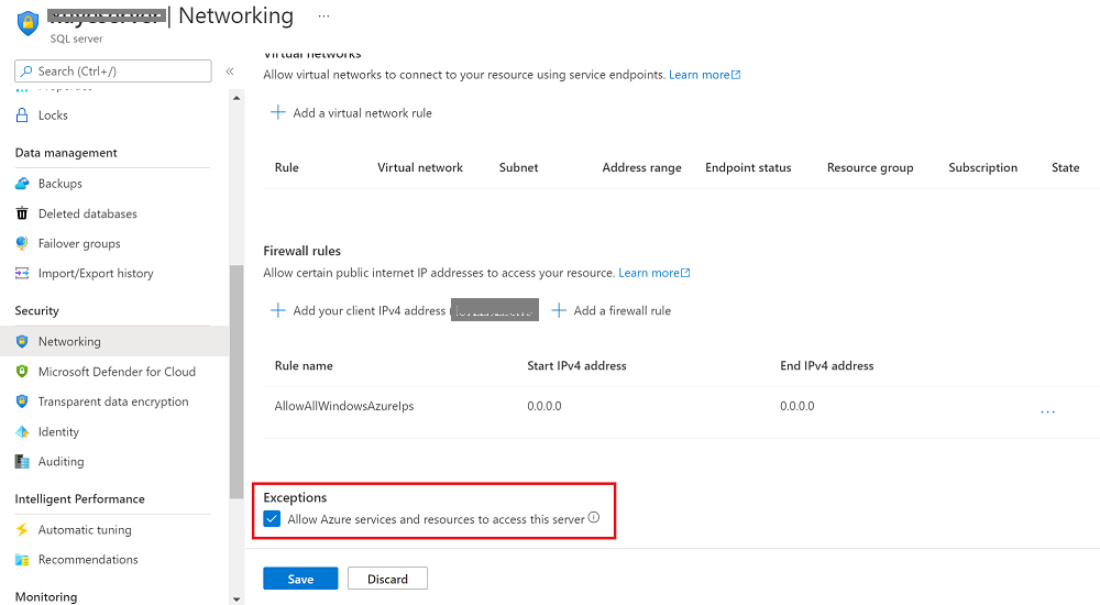 Screenshot that shows how to configure firewalls for your SQL database by using the Azure portal.