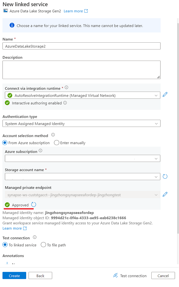 Screenshot of new sql db linked service pe4.