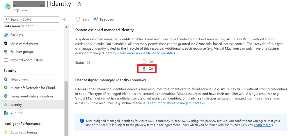 Screenshot of turning on the system assigned managed identity.