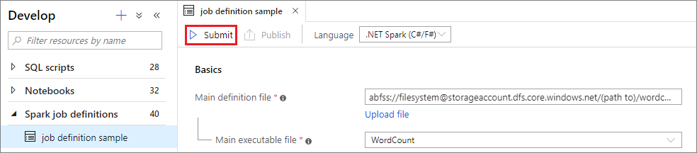 Select submit button to submit spark job definition
