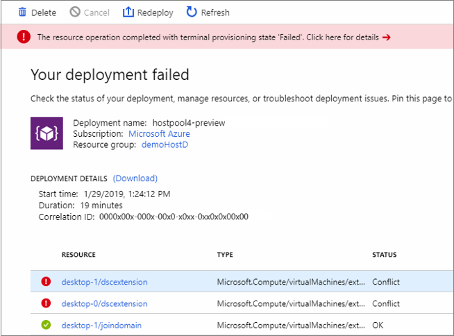 Screenshot of the resource operation completed with terminal provisioning state in Your Deployment Failed.