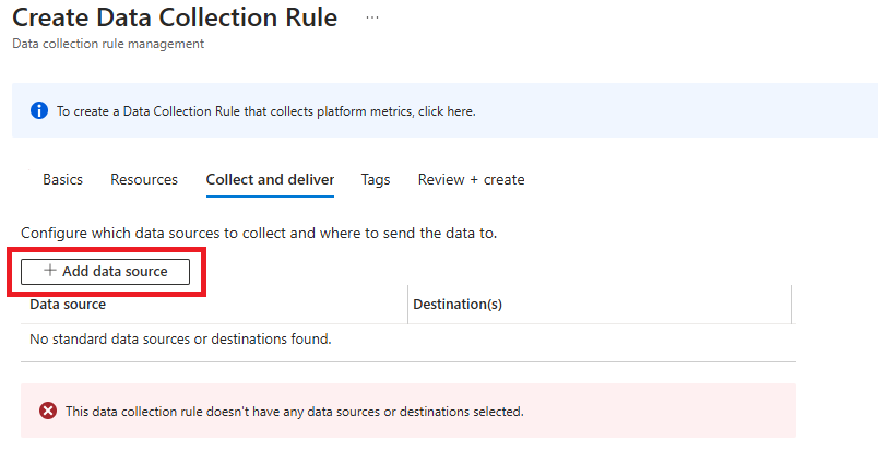 Screenshot of the 'Collect and deliver' tab with an empty data source section.