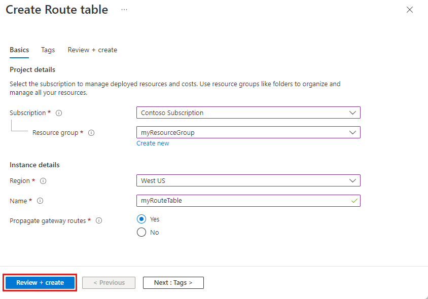 Screenshot of the create route table page.