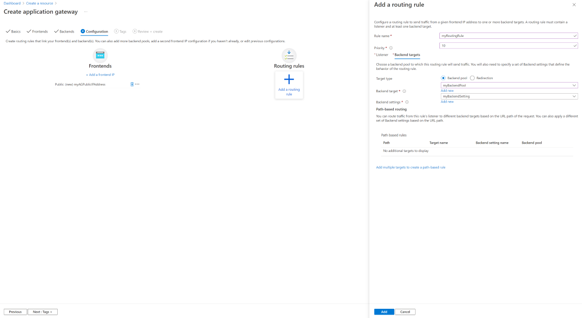 Screenshot showing Create new application gateway: routing rule.