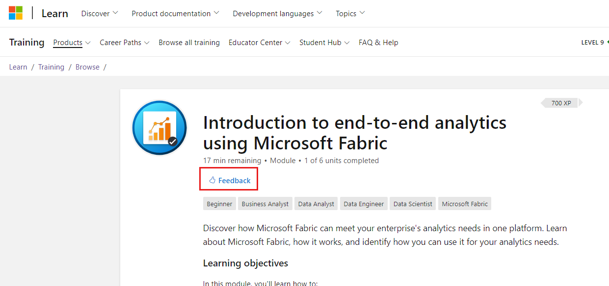 Skjermbilde av tilbakemeldingskoblingen øverst i en opplæringsmodul.